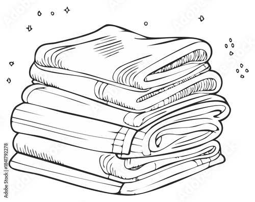 Neatly folded stack of laundry with sparkling accents and clean lines in a drawing style