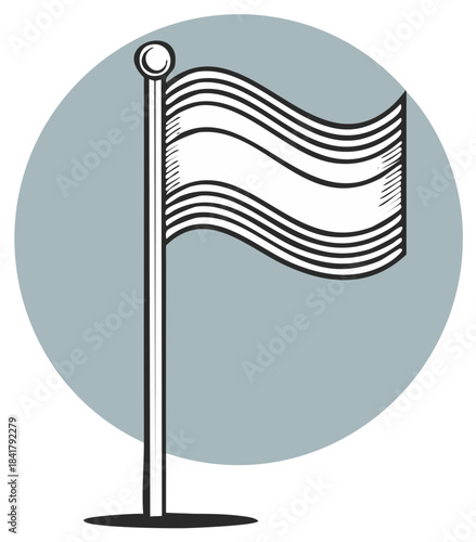 Waving Blank Flag on Pole Simple Line Art Illustration Stylized Empty Banner on Mast Vector Graphic