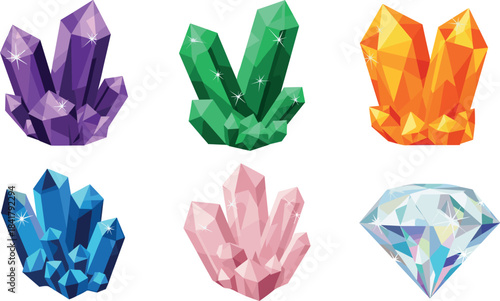 Collection of colorful crystal clusters and a diamond on a white background