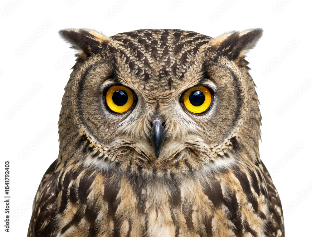 Obraz premium Majestic Eurasian eagle owl stares intently forward with its piercing yellow eyes and intricate feather patterns, showcasing its powerful and wise nature.