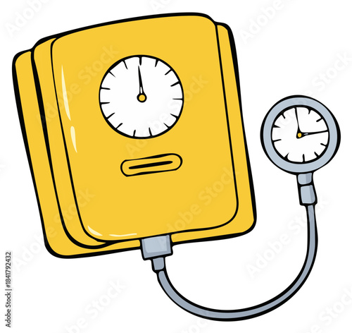 Yellow cartoon blood pressure monitor illustration for medical health measurement and diagnostic checkup