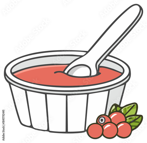 White disposable cup with red liquid and spoon, side of berries with leaves