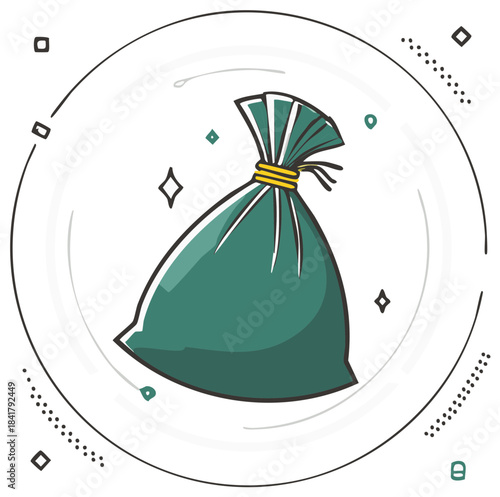 Cartoon illustration of a full green garbage bag tied for waste disposal