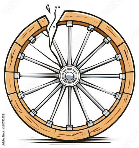 Broken Wooden Wagon Wheel Cartoon Illustration with Cracked Rim