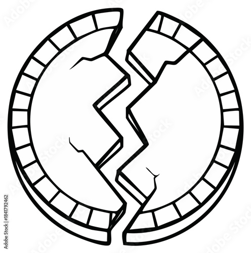 Stylized broken circular shape, split down the middle, depicting rupture, damage, and division.