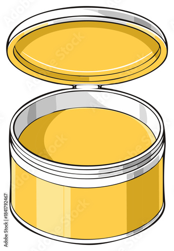 Open round jar with yellow cosmetic balm or hair wax vector illustration