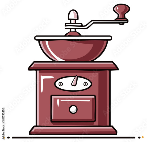 Detailed illustration of a hand cranked coffee grinder in maroon against a crisp white backdrop graphic vintage
