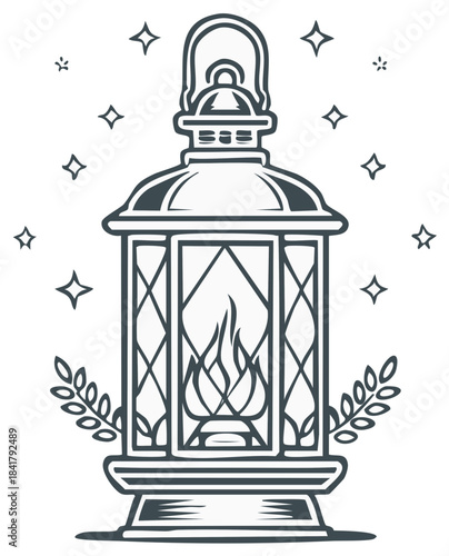 Classic glowing lantern icon with flickering flame decorative branches and magical sparkles.