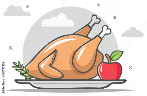 Roasted turkey or chicken on a serving platter for a holiday feast cartoon illustration