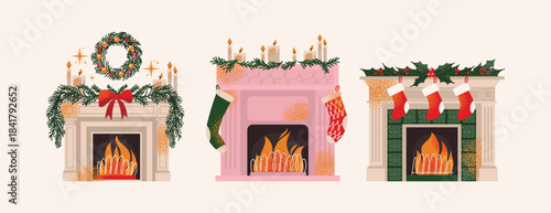 Collection of decorated fireplaces with burning fire, candles, wreaths, stockings and evergreen branches. Flat vector illustration. Christmas and winter holiday concept