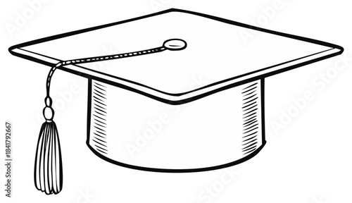 Graduation Cap Illustration, Academic Education Symbol in Black and White
