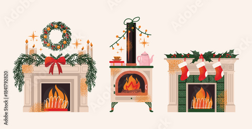 Collection of decorated fireplaces with burning fire, candles, wreaths, stockings and evergreen branches. Flat vector illustration. Christmas and winter holiday concept