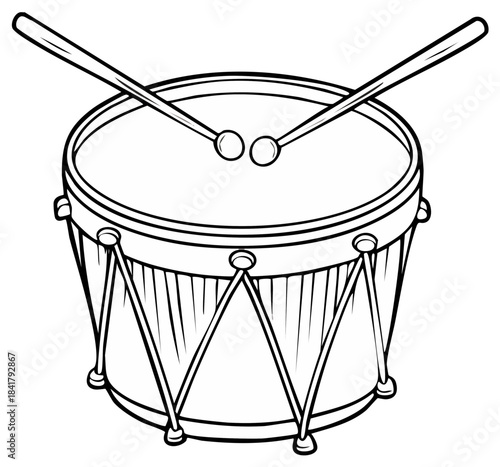Illustrated drum instrument with drumsticks. Musical percussion design.