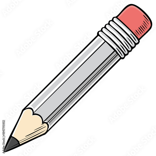 Simple cartoon drawing of a graphite pencil with a pink eraser and white stripes