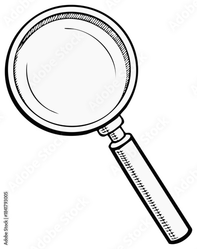 Magnifying glass illustration with detailed outline, lens and handle in black and white