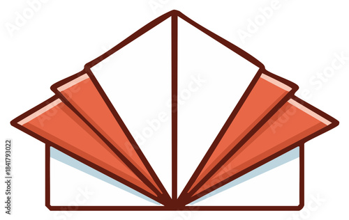 Stylized open book with layered paper fan pages in coral and white