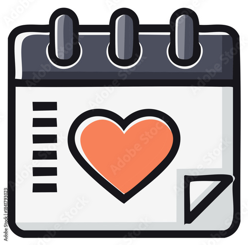 Illustrated calendar page with an orange heart icon and checklist, symbolizing an important romantic date or event.