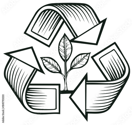 Stylized recycle symbol with a green sprout growing in the center evoking environmental protection and sustainability