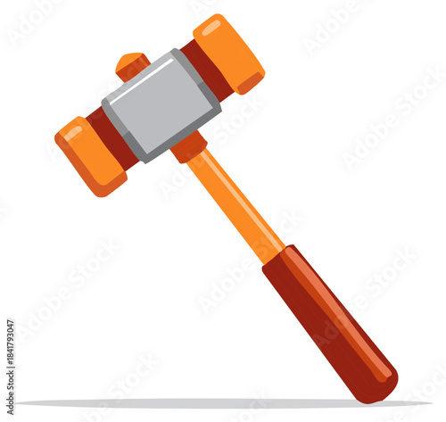 Cartoon mallet with orange rubber head and brown handle striking a surface