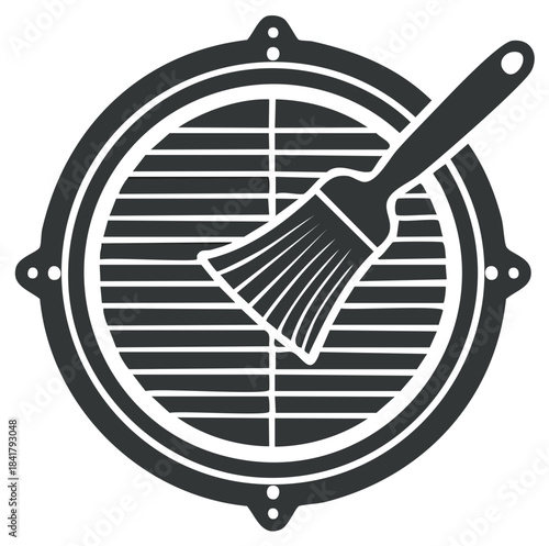 Barbecue grill cleaning icon with a brush on a circular grate. Vector graphic for cooking and maintenance.