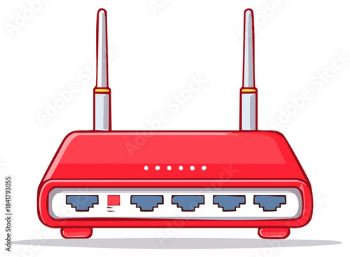 Red Cartoon Router with Antennas for Internet Connection and Network Signal