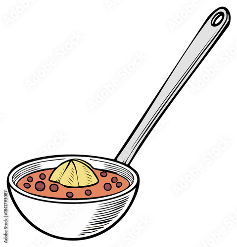 Illustration of a ladle filled with soup and beans topped with a wedge of food