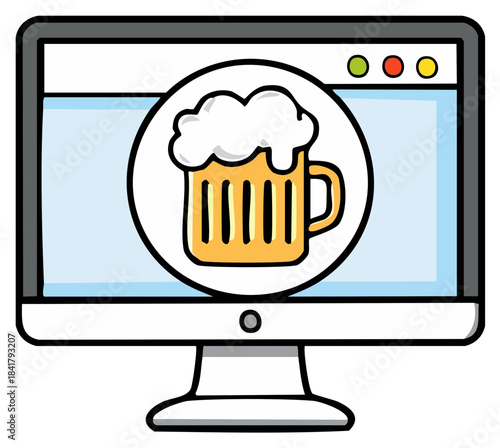 Cartoon beer mug icon displayed on a computer screen, concept for online ordering