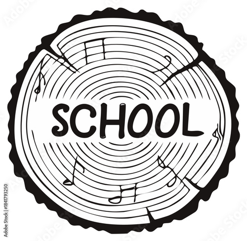 Rustic music school emblem with text and musical notes on a round tree log cross section illustration