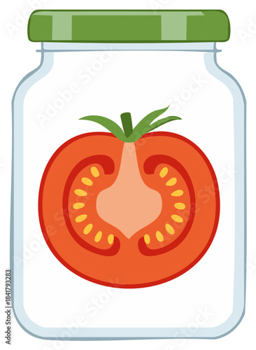 Jarred tomato illustration with green lid and stylized tomato slices.