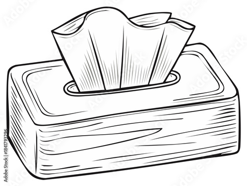 Tissue box graphic illustration. Simple line drawing of a tissue dispenser with tissues popping out.