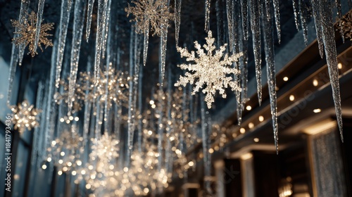 sparkling winter decorations with icicles and snowflake ornaments