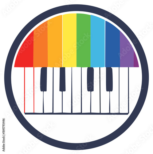 Colorful piano keys and rainbow color scheme in a circular design.