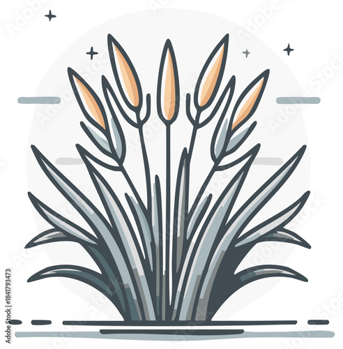 Stylized illustration of cattails in a wetland environment with simple graphic elements
