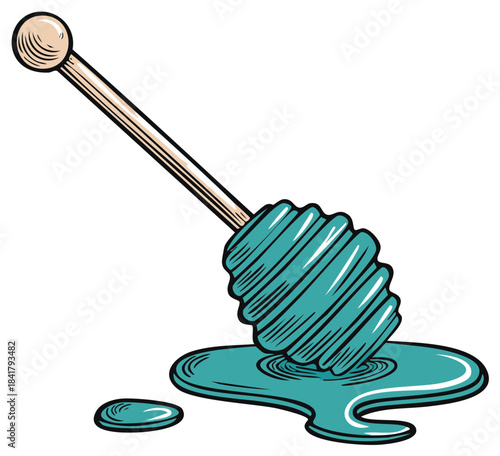 Drawn honey dipper in teal with honey drips and wooden handle