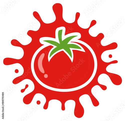 Tomato fruit with red liquid splash design, green leaves, food and drink concepts