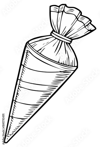 Black and white illustration of a pastry bag, vector design isolated on white
