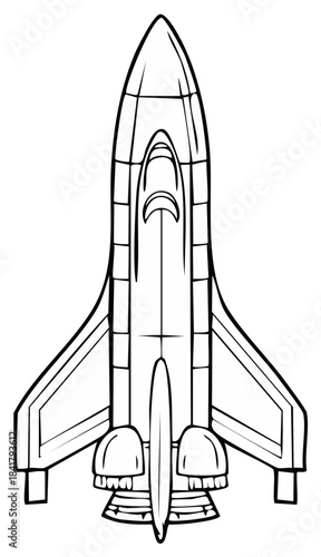 Black and white illustration of a space shuttle, top view, outline
