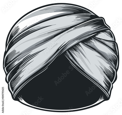 Illustration of Head Covered with White Turban Wrap Round Circle Design
