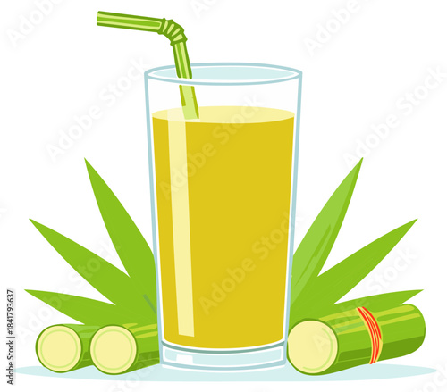 Fresh sugarcane juice in a glass with a straw surrounded by raw sugarcane stalks and leaves