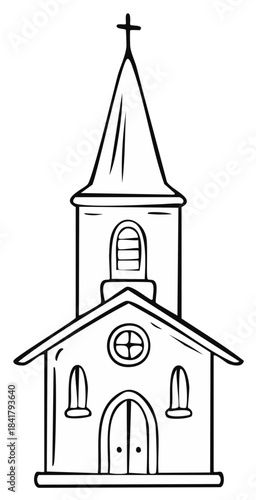 Hand drawn church building with a steeple and cross. Simple black and white line art illustration.