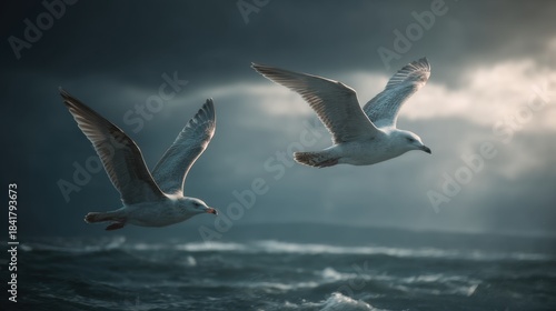 Two seagulls soar over choppy ocean waves on a cloudy day. The sky has dark clouds with some light breaking through. The scene captures the birds in motion against the turbulent sea.