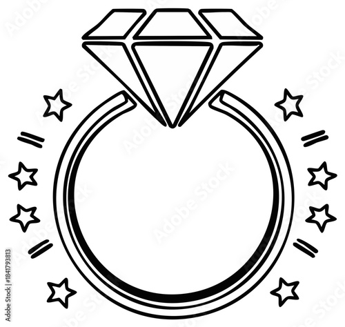 Sparkling Diamond Ring with Stars Line Art Icon