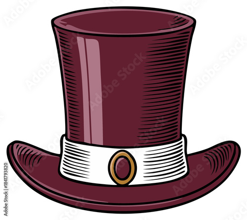 Vintage Maroon Top Hat Illustration with White Band and Gold Buckle