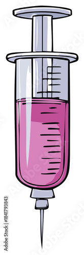 Cartoon illustration of medical syringe filled with vibrant pink liquid ready for injection treatment