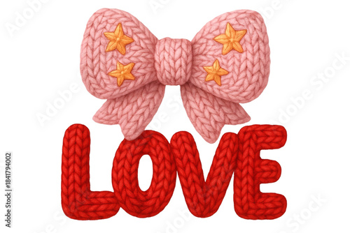 Knitted LOVE Text with Pink Ribbon Bow in Cute Style
