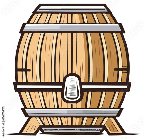 Wooden Barrel with Metal Bands and Spigot Illustration