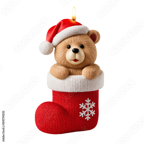 Cute Teddy Bear in Christmas Stocking with Candle
