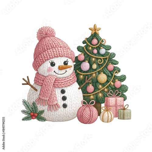 Cute Christmas Snowman with Decorated Tree and Gifts
