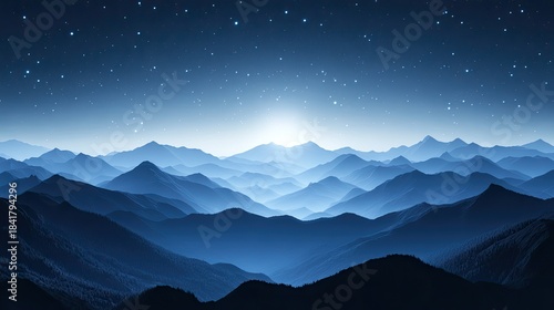 Deep silhouettes of quiet mountain ranges bathed in cold moonlight
