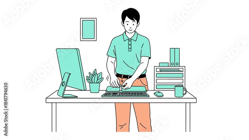 A man in an office setting touching a keyboard on a desk illustration